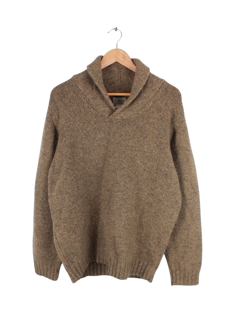 L.L.Bean 100% Lambswool Shawl Collar Sweater Brown Elbow Patch Men's Medium